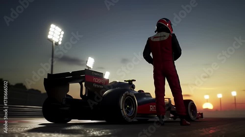 Racing driver in red suit stands by a Formula 1 car on a track at dusk with stadium lights illuminating the scene