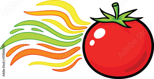 A Red Tomato with Colorful Wavy Lines Emanating From Its Side