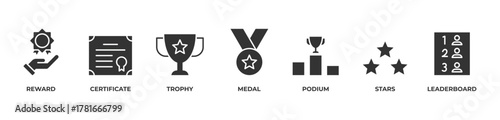 Where Rewards Meet Recognition Icons set vector illustration glyph with Reward, Certificate, Trophy, Medal, Podium, Stars, Leaderboard