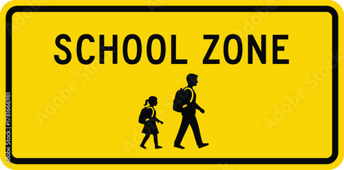 School zone sign vector, yellow caution board, pedestrian safety graphic, child and adult walking icon, traffic alert design, educational area signage