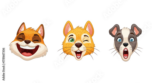 Cartoon animal faces making human-like funny expressions such as laugh, wink, and surprise.