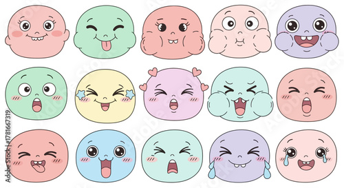 Cute kawaii-style faces making silly and funny expressions, pastel color palette.