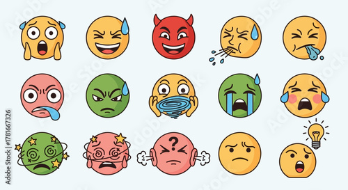Vector emoji set showing weird, exaggerated, and humorous reactions for chat or social media.