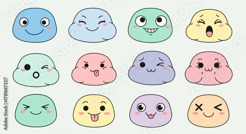 Cute kawaii-style faces making silly and funny expressions, pastel color palette.