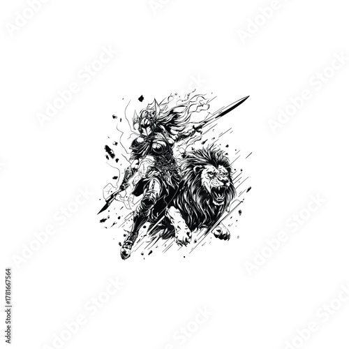 High-energy black and white illustration of a fierce female warrior, Valkyrie, in battle armor and helmet, charging forward with her sword alongside a massive, roaring lion