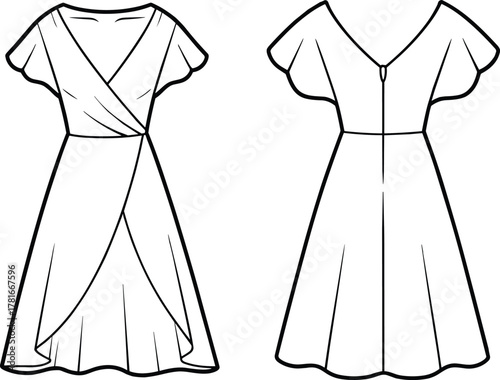 Wrap dress technical sketch front and back, flutter sleeve fashion flat with V-neck and layered skirt, cad drawing flat vector illustration