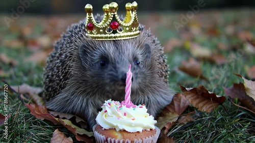 Hedgehog Wearing Golden Crown And Birthday Cupcake On Grass Surrounded By Autumn Leaves