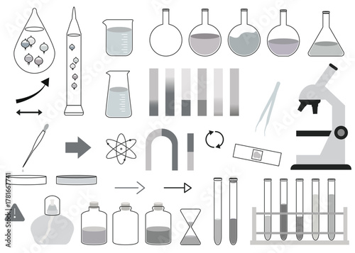 科学モチーフのイラストセット　試験管　リトマス紙　磁石　ガリレオ温度計　アルコールランプ