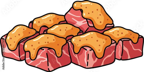 Pile Of Cubed Meat With Yellow Sauce On Top In Pixel Art Style