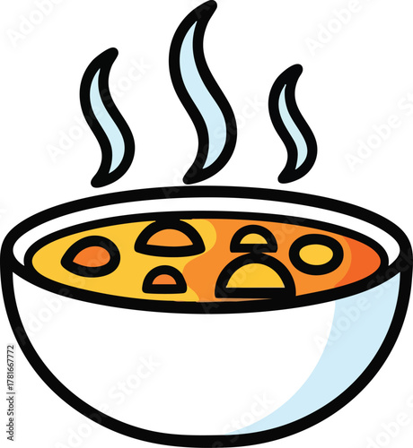 Steaming Bowl Of Hot Soup With Orange Broth And Chunks Of Ingredients