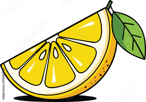 A Bright Yellow Lemon Slice with Green Leaf and Water Droplets Isolated on White