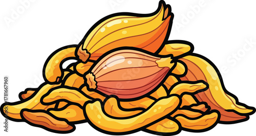 Pixel art illustration of a pile of golden yellow french fries and onion rings