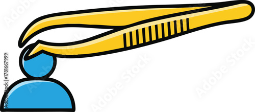 Stylized Illustration of Yellow Tweezers Plucking a Blue Headed Figure Against White Background