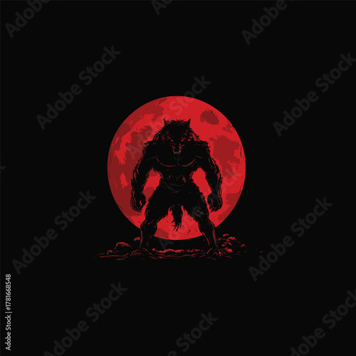 A terrifying silhouette illustration of a fierce werewolf standing against a massive, detailed blood red moon on a stark black background