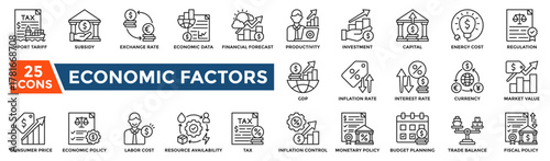 Economic factors icon collection set. Containing GDP, inflation rate, tax, investment, regulation, import tariff, financial forecast, fiscal policy icon. Line style vector illustration.