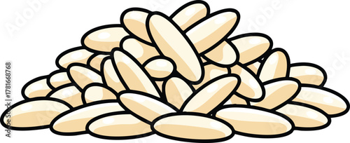 Pile of White Rice Grains with Black Outline on White Background