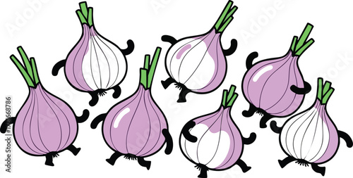 Seven Cartoon Onions Dancing And Having Fun On A White Background