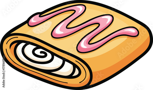 Pastry roll with cream filling and pink frosting icing on a white background