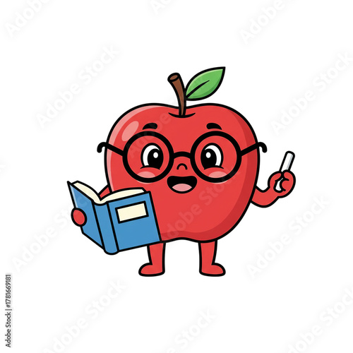 apple, cute, cartoon, red, glasses, book, reading, happy, illustrated, digital art, vector art, minimalist