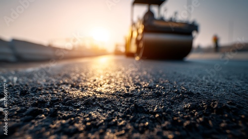 Close-up of fresh asphalt road surface during construction with steamroller in background at sunrise, roadwork and infrastructure concept
