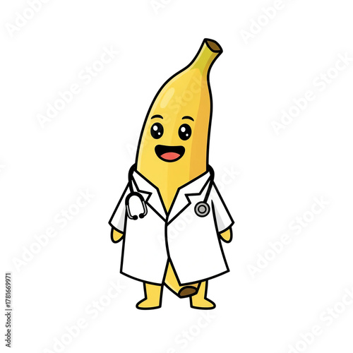 cute cartoon banana character in doctor's coat, smiling, holding stethoscope, whimsical digital illustration