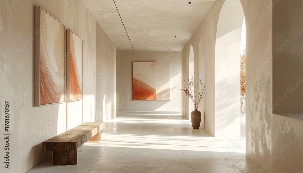 Obraz premium Sun-drenched minimalist corridor with abstract art on display, showcasing a serene and modern architectural design with long shadows