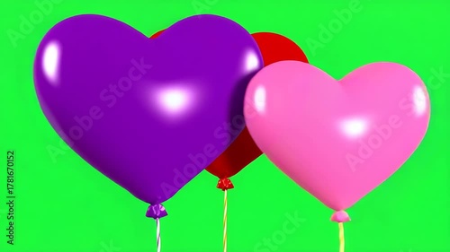 Purple, Pink, and Red Heart Balloons on Chroma Key Green Background