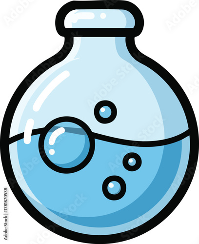 Round bottom flask with clear blue liquid and bubbles against white background science laboratory equipment