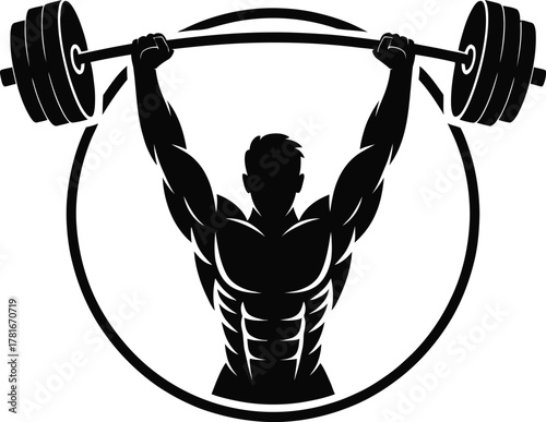 Dynamic bodybuilder silhouette lifting barbell in a circular emblem logo