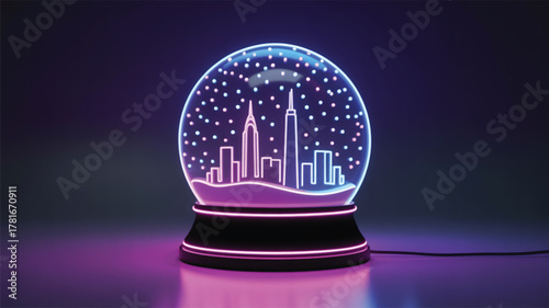 Neon Skyline Snow Globe with Purple and Blue Lights