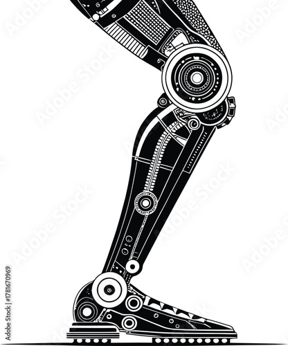 Detailed black and white illustration of a mechanical leg with intricate designs and visible joints