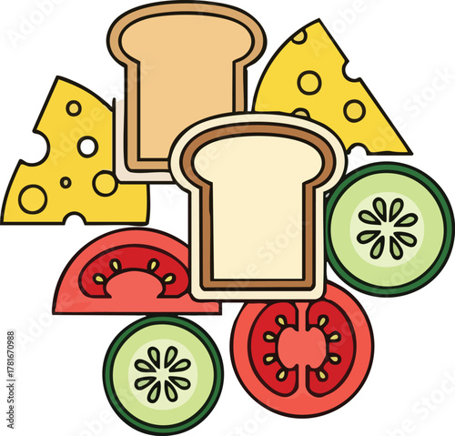 Assorted Sliced Bread Cheese Tomato and Cucumber Ingredients for Sandwich