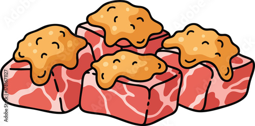 Pixel Art Style Cubes of Raw Meat Topped With Sauce Against White Background