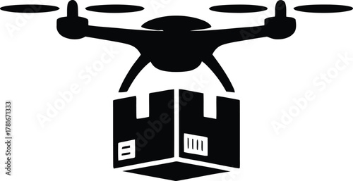 Modern drone delivering a package with logistics and shipping icons silhouette