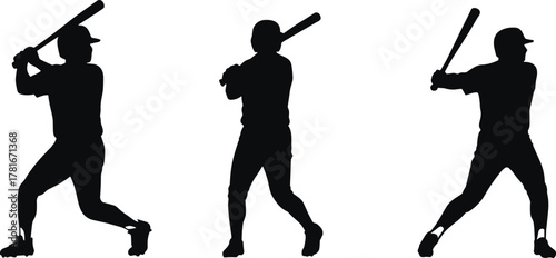 Baseball players silhouette vector illustration, athletes in batting pose with bats, sports action design for team competition, training, and athletic artwork
