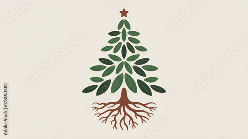 Stylized Christmas Tree with Roots and Star green leaves