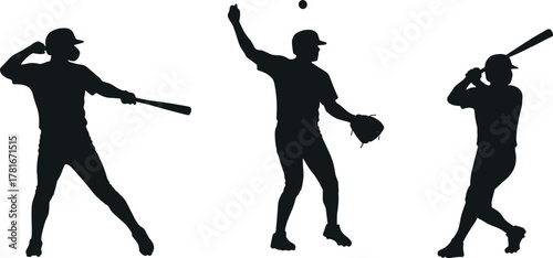 Baseball players silhouette vector illustration, batter pitcher fielder action poses, sports training design for athletic concept, competition, fitness and teamwork artwork