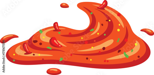 Abstract Digital Art of Red Orange Sauce With Chili Peppers and Green Herbs