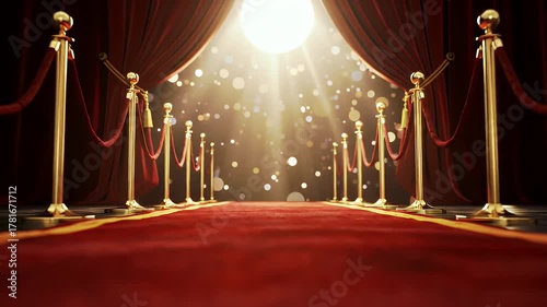 Luxurious Red Carpet Entrance with Velvet Drapes Golden Stanchions and Dramatic Spotlight Illumination