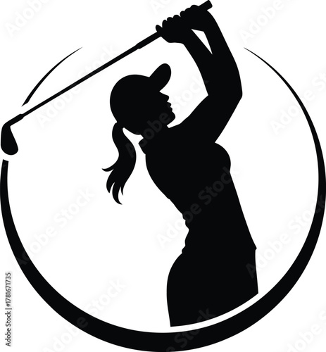 Dynamic silhouette of a female golfer completing her swing with a circular motion