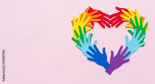 A vibrant heart shape crafted from rainbow-colored paper hands, symbolizing unity, diversity, and collective support on a gentle pink background