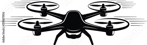 Dynamic quadcopter drone in silhouette with speed lines for advertising