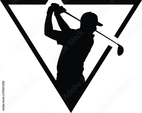 Golfer in mid swing with a downward triangle silhouette against a clean background