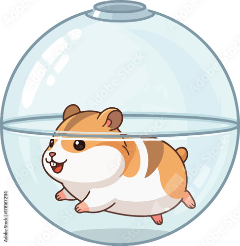 A charming cartoon illustration of a happy, striped hamster running inside a large, glossy, spherical clear enclosure (resembling an aquarium or novelty tank) with a simple lid on top.