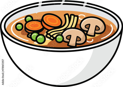 Illustration of a bowl of soup with carrots peas mushrooms and noodles in a white bowl