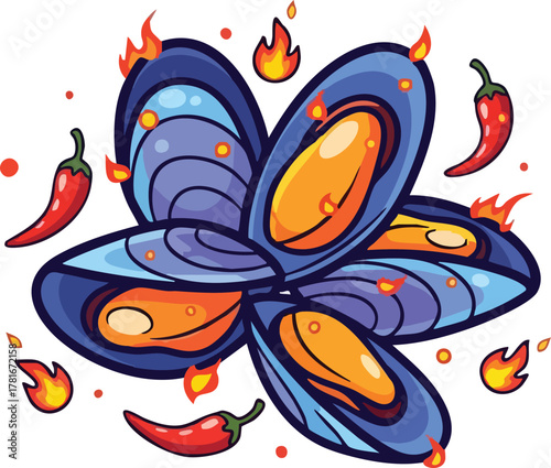 Pixel Art Spicy Mussels With Red Chili Peppers And Flames In A Blue Background
