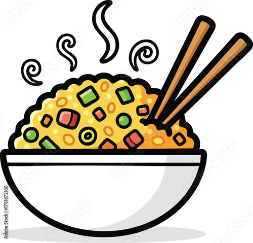 Bowl Of Delicious Fried Rice With Chopsticks Steam Rising From The Food