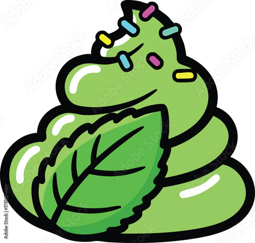 Green Swirl Soft Serve Ice Cream with Mint Leaf and Sprinkles Isolated On White