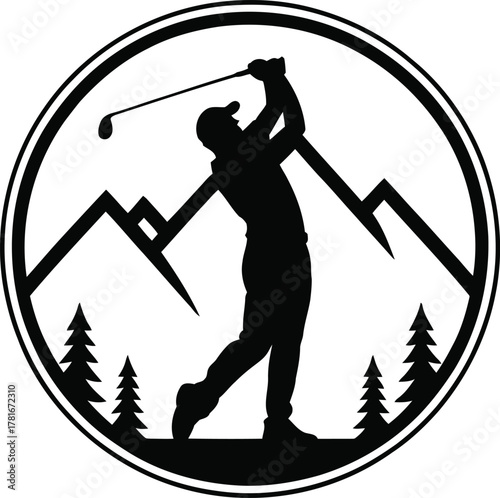 Silhouette of a golfer swinging against mountains forest and circle background