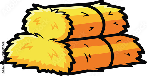 Two Stacked Hay Bales Tied With Twine In A Field Yellow Orange Color Simple Flat Design Illustration